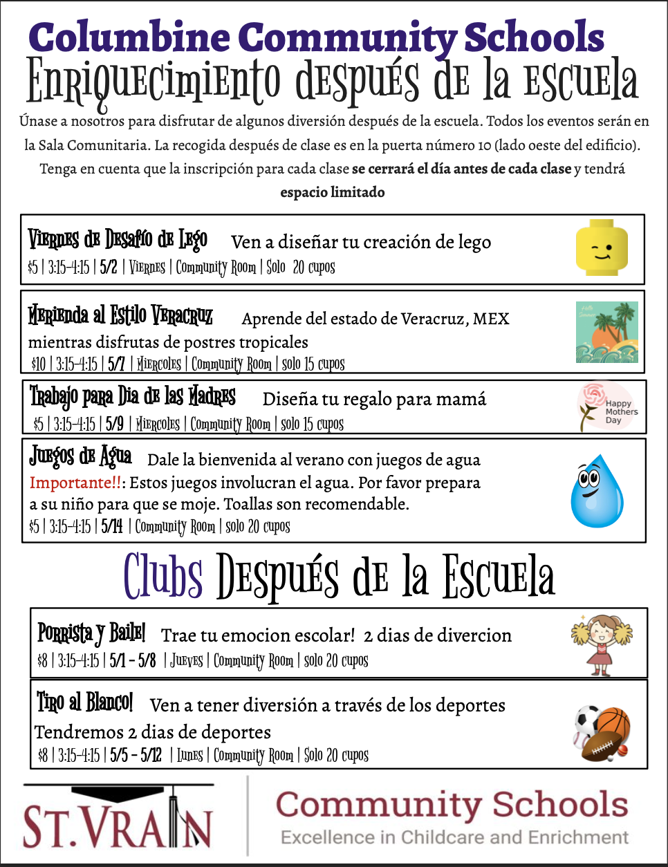 A colorful flyer advertising after-school enrichment programs at Columbine Community Schools, listing activities and details.